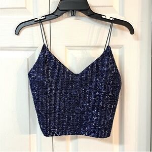 CHOCOLATE Blue Iridescent Sequin Crop Top with Elastic Straps Size Medium